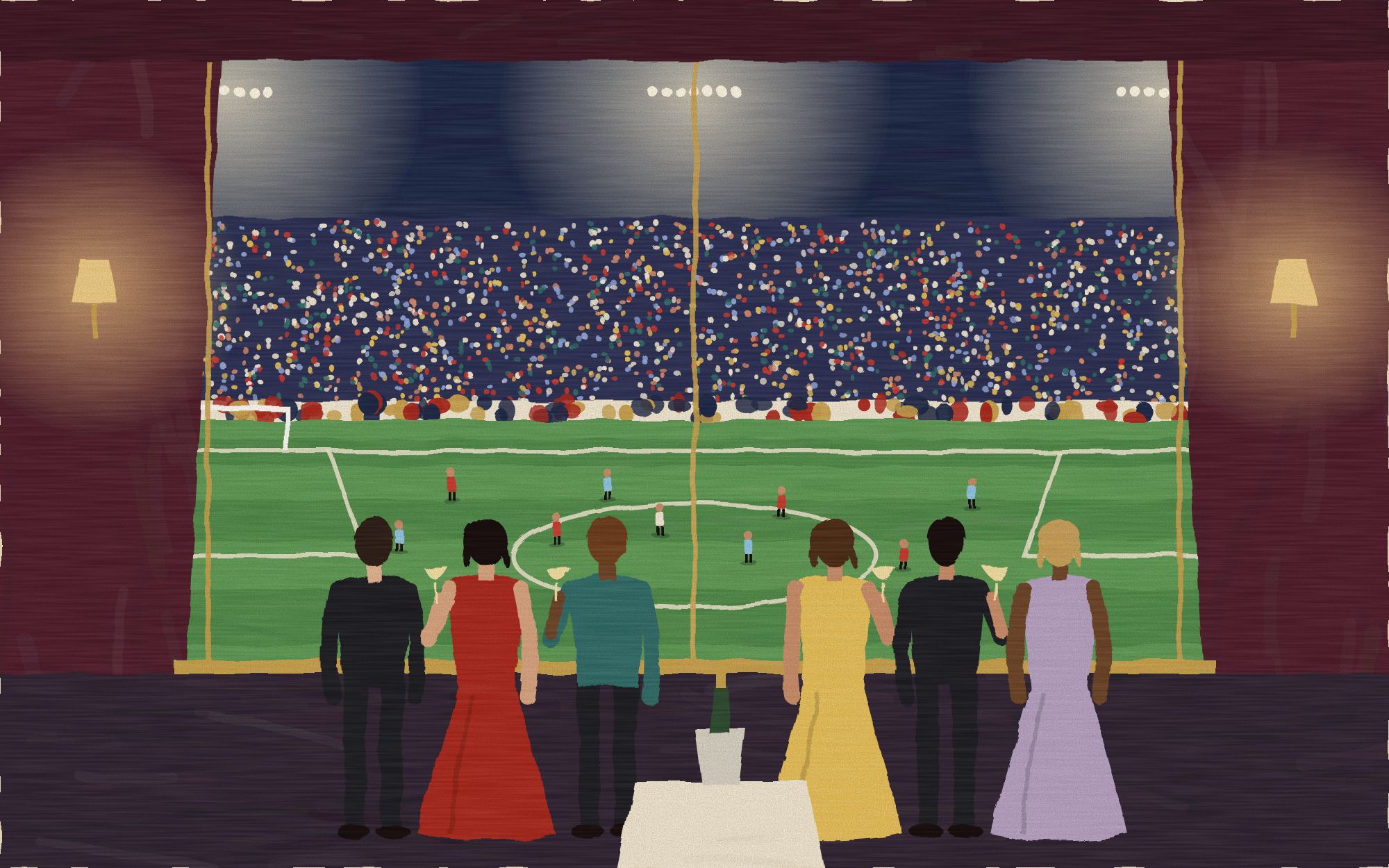 Painted illustration of guests in a private box watching a floodlit football match