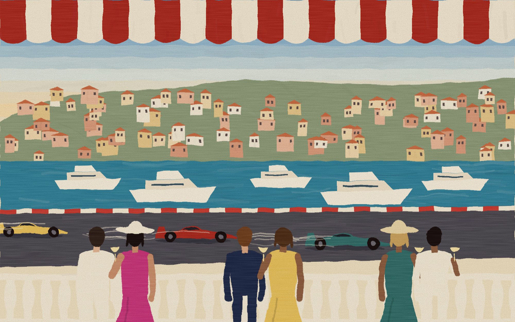 Painted illustration of guests on a balcony watching racing cars pass a harbour full of yachts