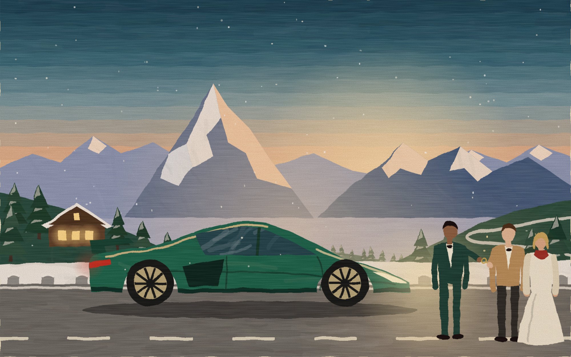 Painted illustration of a green supercar parked on an alpine pass at dusk, keys being handed over beside a chalet