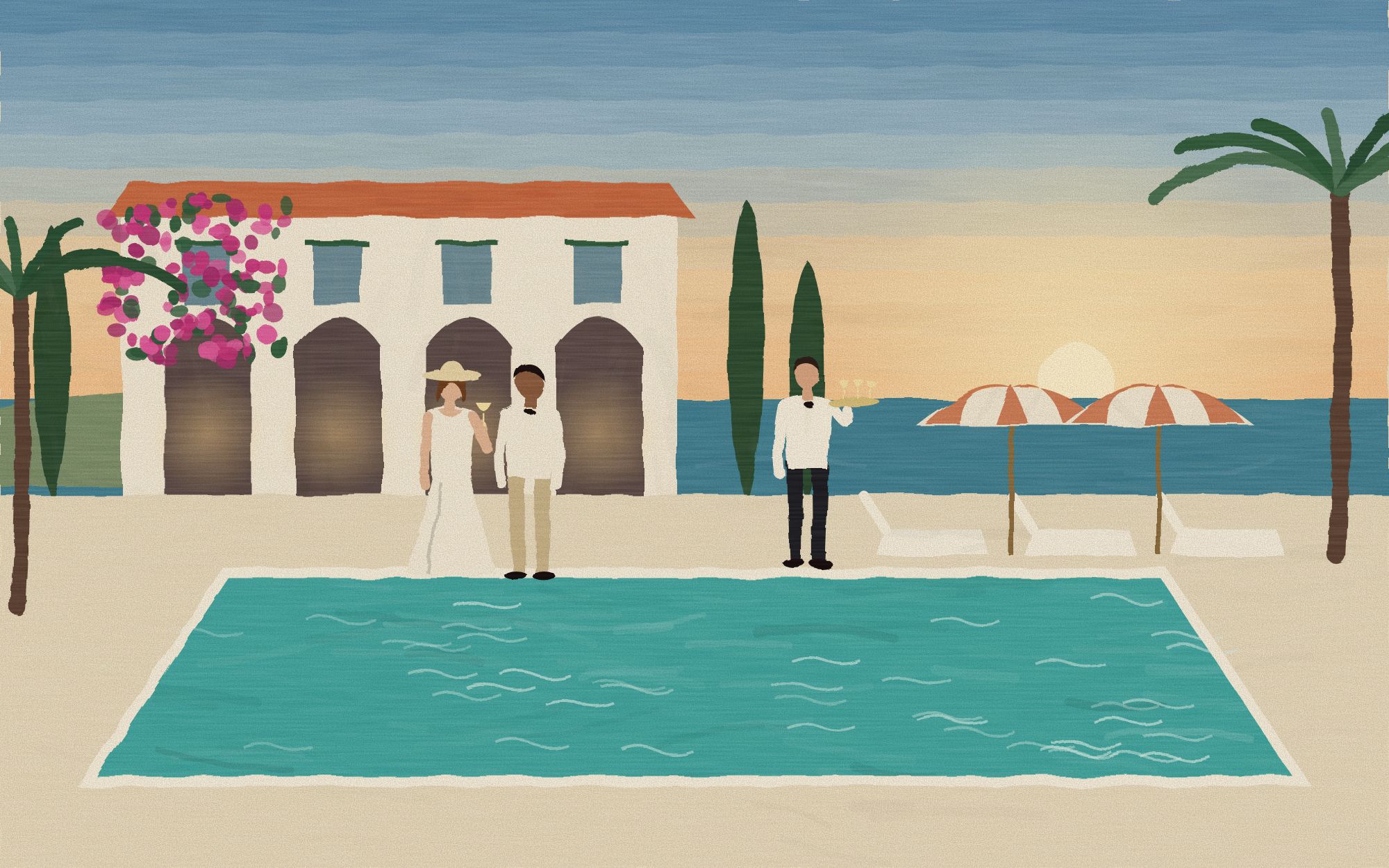 Painted illustration of a white villa with a pool above the sea at golden hour