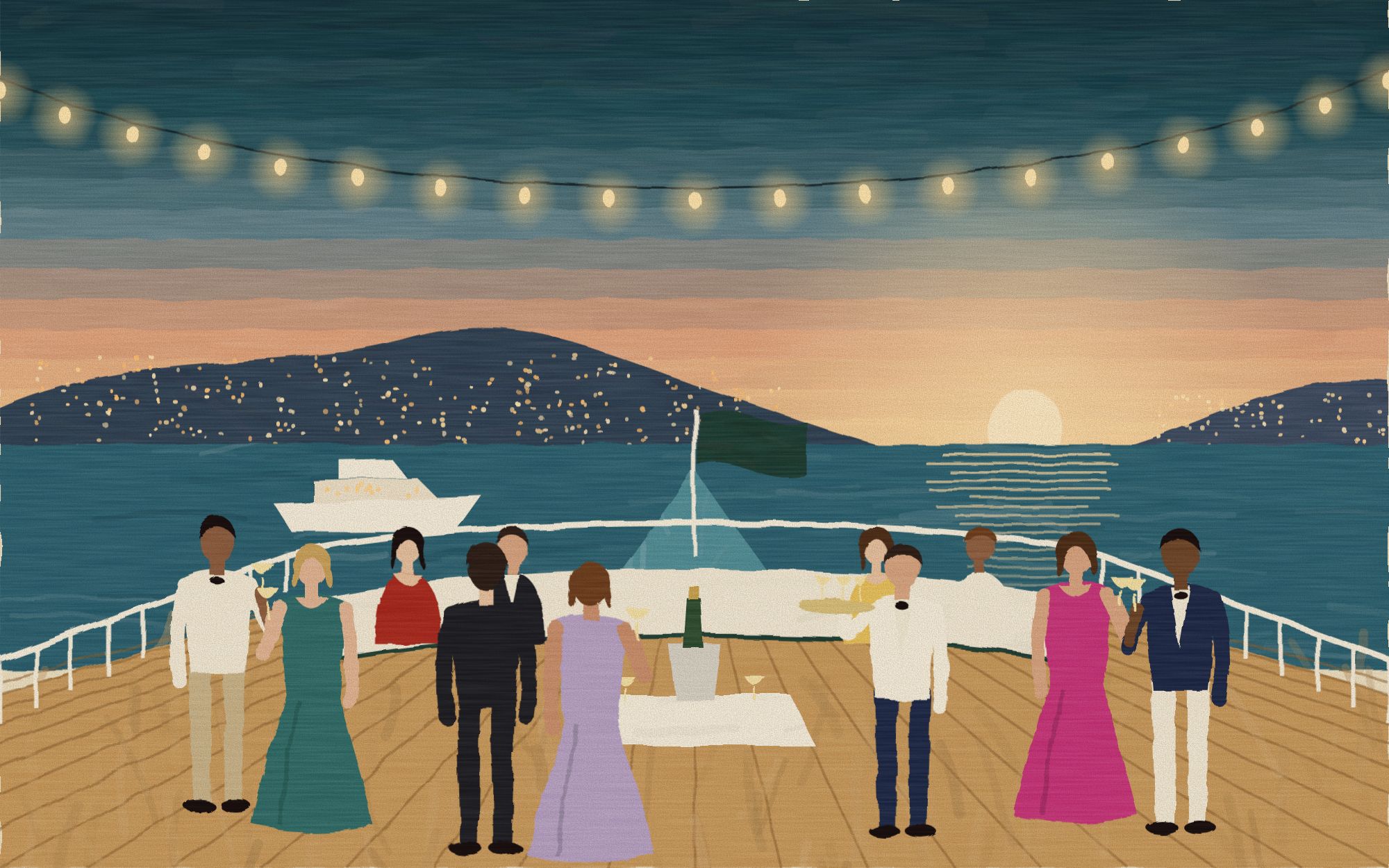Painted illustration of a party on the aft deck of a yacht at dusk, with a lit coastline behind